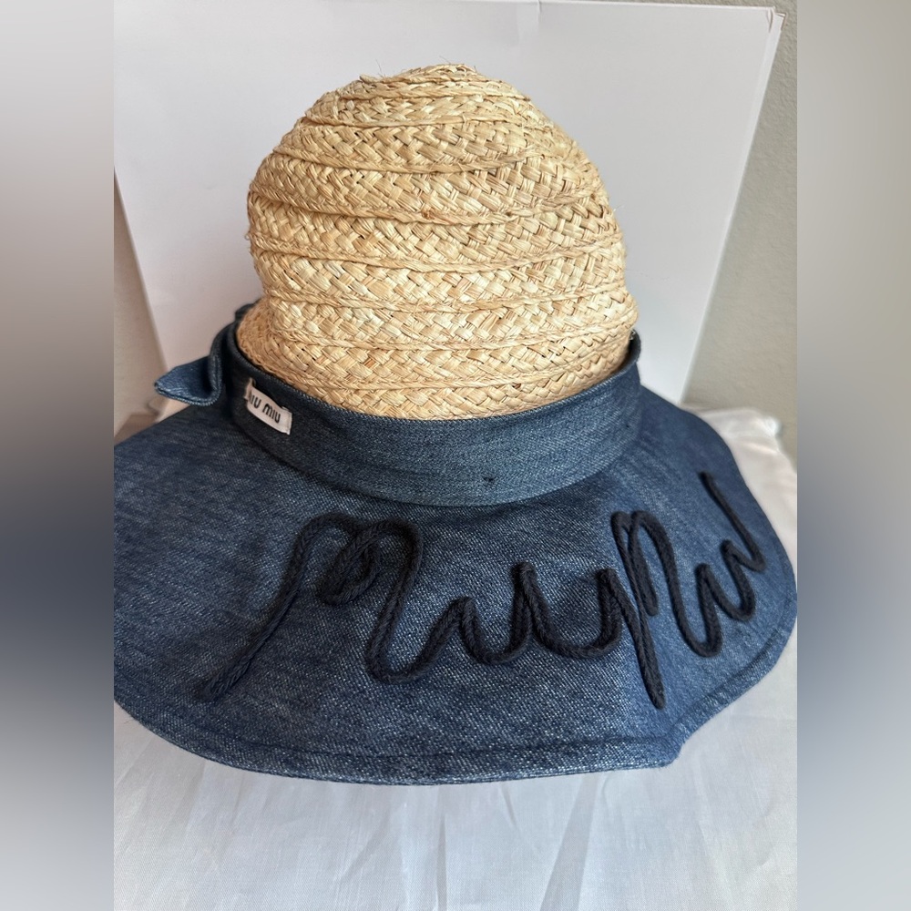Miu Miu Raffia & Denim Logo Wide Brim Hat – Embroidered Script NWT with coa